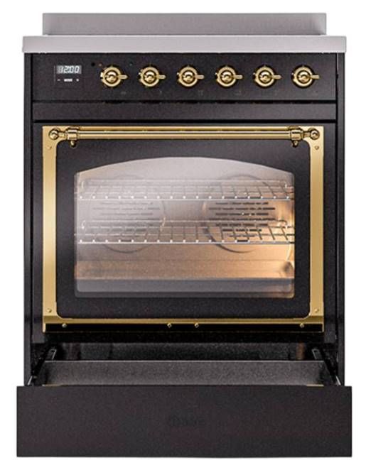 Ilve® Nostalgie II Noblesse 30'' Glossy Black Pro Style Induction Range with Brass Trim-3