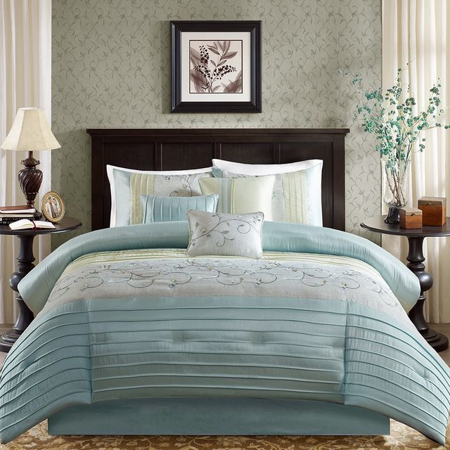 Olliix by Madison Park 7 Piece Aqua Queen Serene Embroidered Comforter Set-2