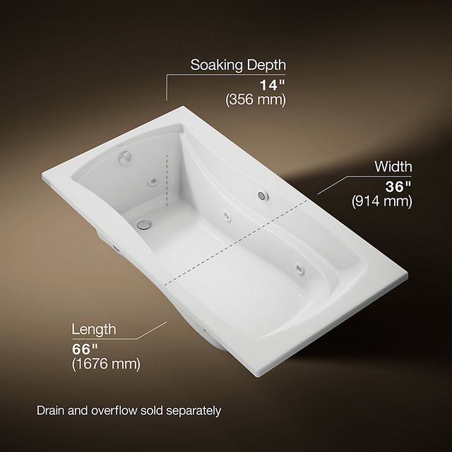 KOHLER® Mariposa® White 66" x 35" Drop-In Whirlpool Bath with Bask® Heated Surface and End Drain-3