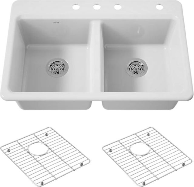 KOHLER® Riverby® White 33" 4-Faucet Hole Top-Mount Double-Equal Bowl Kitchen Sink-0
