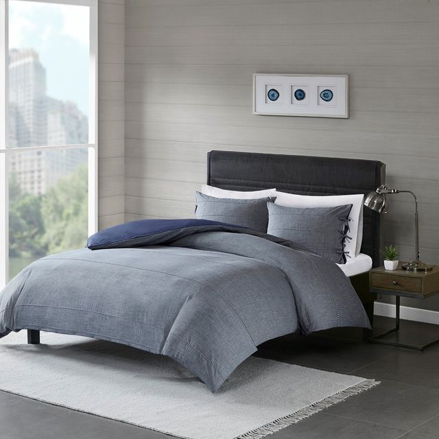 Olliix by Madison Park 3 Piece Denim Blue King/California King Raven Cotton Yarn Dye Duvet Cover Set-1