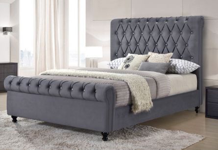 Milton Greens Stars Dark Gray Full Velvet Rolled Top Tufted Platform Bed-2