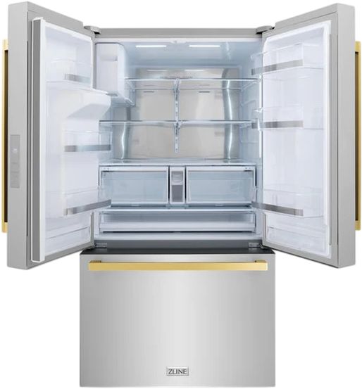 ZLINE Autograph Edition 36" 28.9 Cu. Ft. Stainless Steel Freestanding French Door Refrigerator with Dual Ice Maker and Polished Gold Modern Handles-3
