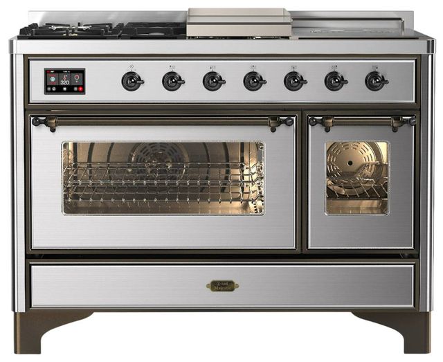 Ilve® Majestic III 48" Stainless Steel Pro Style Dual Fuel Liquid Propane Range with Triple Glass Door and Burnished Trim-0