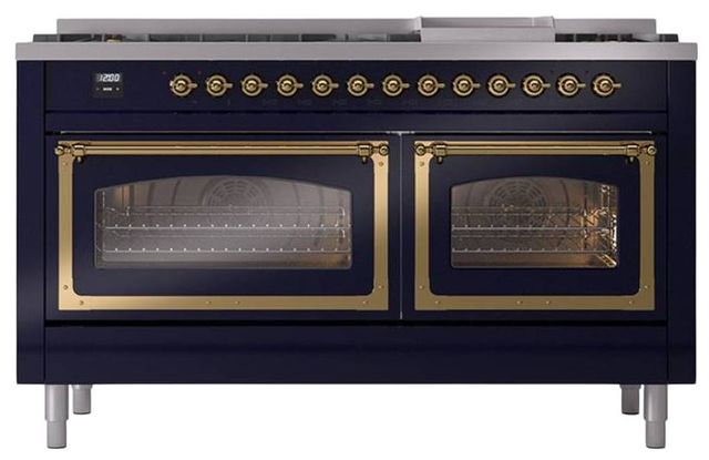 Ilve® Nostalgie II Noblesse 60'' Midnight Blue Pro Style Dual Fuel Range with Brass Trim-1