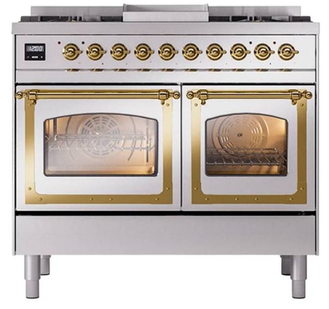 Ilve® Nostalgie II Noblesse 40'' Stainless Steel Pro Style Dual Fuel Range with Brass Trim-1