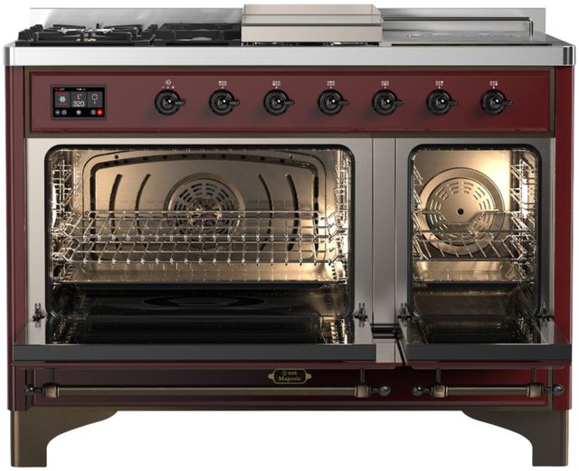 Ilve® Majestic III 48" Burgundy Pro Style Dual Fuel Natural Gas Range with 5 Black Brass Burners and Burnished Trim-1