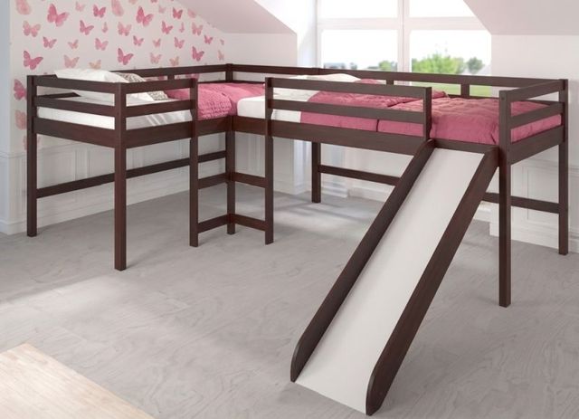 Donco Kids L-Series Cappuccino L-Shape Double Low Loft Twin Tent Loft-1