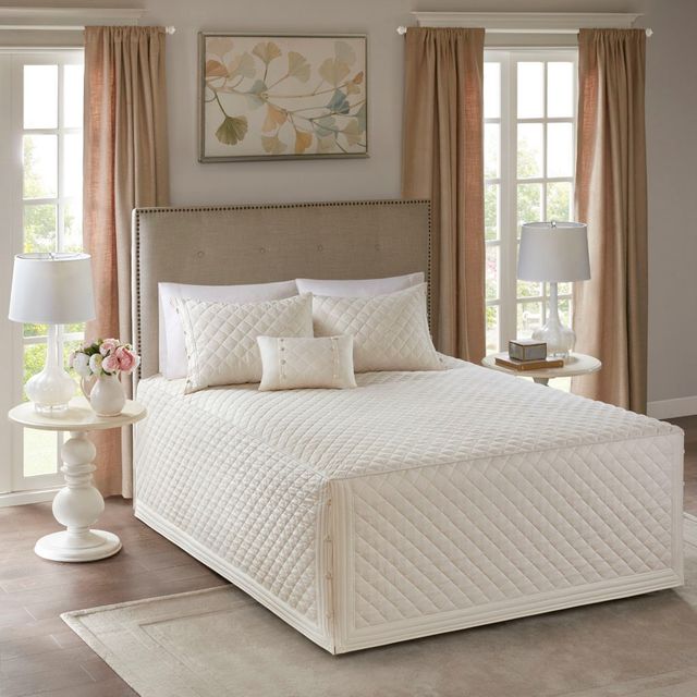 Olliix by Madison Park 4 Piece Ivory Full/Queen Breanna Cotton Reversible Tailored Bedspread Set-0