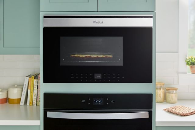 Credit: Whirlpool Front view of a built in Whirlpool microwave