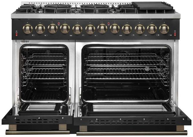 FORNO® Galiano 48" Stainless Steel Pro Style Dual Fuel Range with Black Door with Antique Brass Accents-1