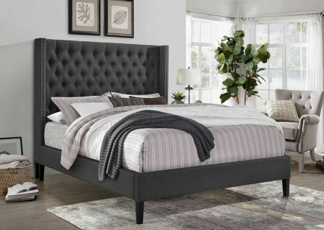 Milton Greens Stars Dark Gray Eastern King Upholstered Tufted Wingback Platform Bed-2