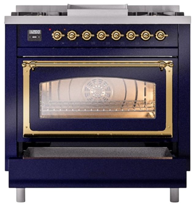 Ilve® Nostalgie II Noblesse 36'' Midnight Blue Pro Style Dual Fuel Range with Brass Trim-3