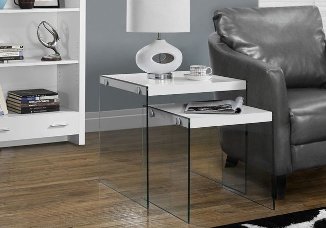 Nesting Table, Set Of 2, Side, End, Accent, Living Room, Bedroom, Tempered Glass, Laminate, Glossy White, Clear, Contemporary, Modern-2