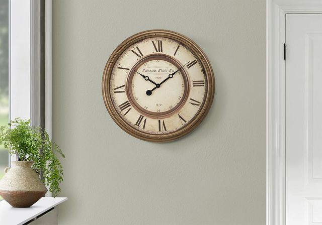 Monarch Specialties Inc. Antique Brown 20" Round Wall Clock with Roman Numerals on Beige Background-2