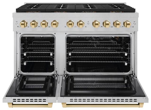 ZLINE Autograph Edition Paramount 48" 6.7 Cu. Ft. Satin Stainless Steel Gas Range with 8 Burner DuoPro™ Cooktop and Dual Oven with Polished Gold Accents-1