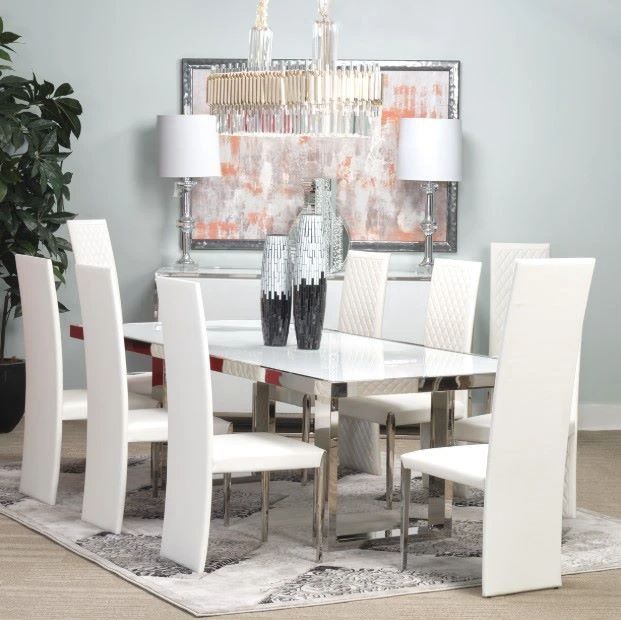 Michael Amini® State St. Glossy White Dining Table with Stainless Steel Base-1