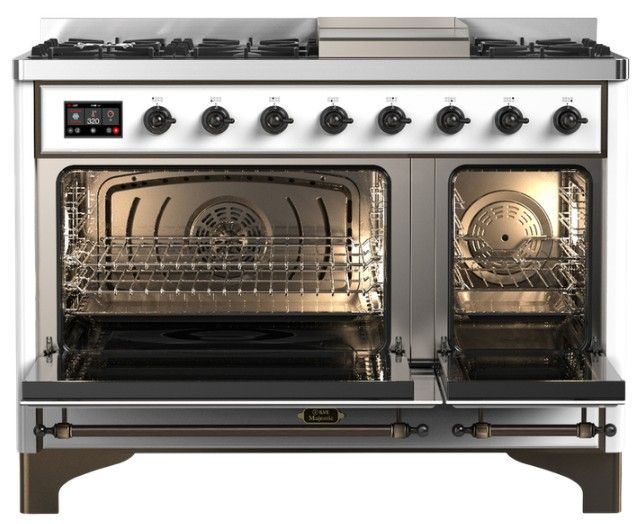 Ilve® Majestic III 48" White Pro Style Dual Fuel Liquid Propane Range with Solid Door and Burnished Trim-2