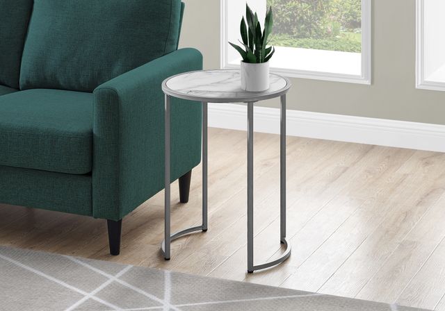Monarch Specialties Inc. 24"H White Marble Look Accent Table with Silver Metal Base-3