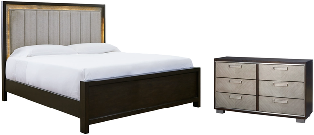 Signature Design by Ashley® Maretto 2-Piece Two-tone California King Upholstered Panel Bed with Dresser Set-0