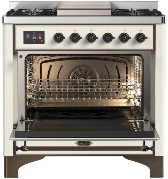 Ilve® Majestic III 36" Antique White Pro Style Dual Fuel Natural Gas Range with Solid Door and Burnished Trim-2
