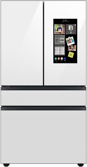 Front view of the Samsung Bespoke 36" 28.6 Cu. Ft. White Glass French Door Refrigerator