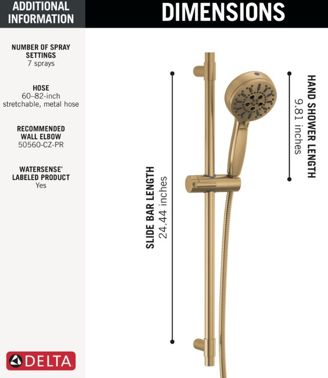 Delta Lumicoat® Champagne Bronze 7-Setting Slide Bar Hand Shower with Cleaning Spray-2