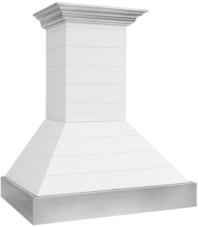 ZLINE 30" Rustic Shiplap Bright White Wooden Wall Mounted Range Hood with Stainless Steel Accents-2