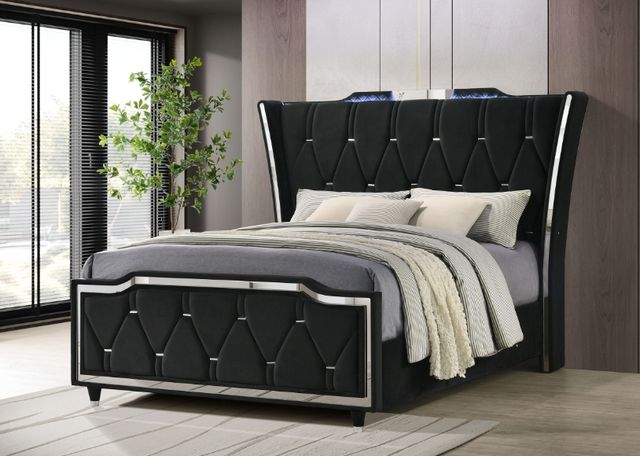 Coaster® Lorient Black Queen LED Upholstered Wingback Bed-1
