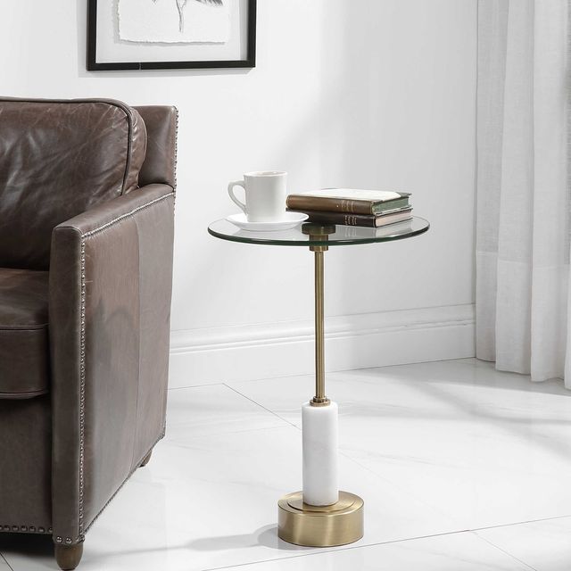 Uttermost® Portsmouth Glass Top Accent Table with Brushed Brass/White Base-1