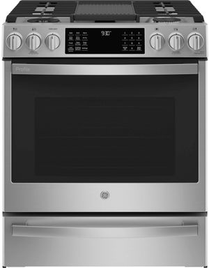 Front view of the GE Profile™ 30" Fingerprint Resistant Stainless Steel Slide In Dual Fuel Range