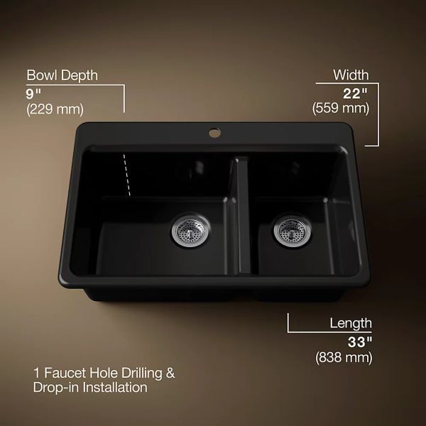 KOHLER® Riverby® Black 33" 1-Faucet Hole Top-Mount Double-Bowl Workstation Kitchen Sink-2