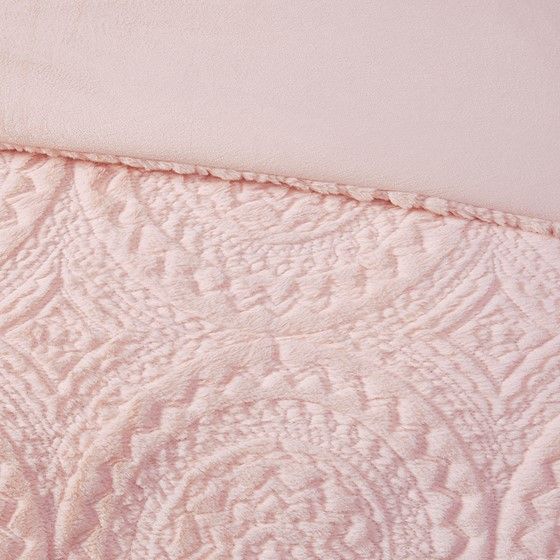 Olliix by Madison Park Arya Blush Full/Queen Embroidered Medallion Faux Fur Ultra Plush Comforter Mini Set-3