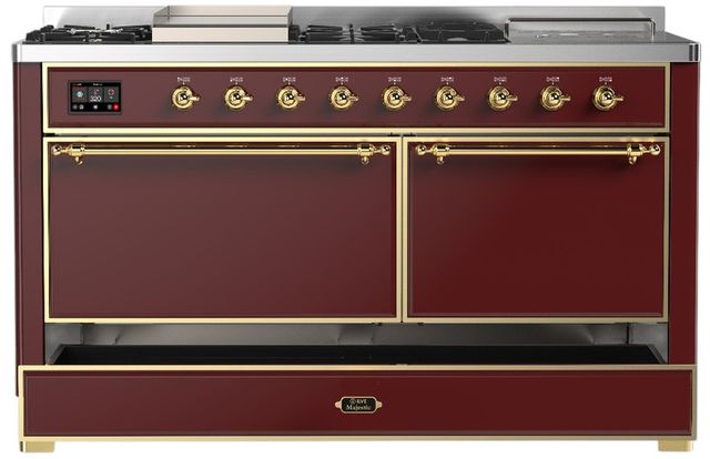 Ilve® Majestic III 60" Burgundy Pro Style Dual Fuel Natural Gas Range with Griddle and Brass Trim-2