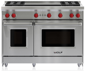 Front view of the Wolf® 48" Stainless Steel Pro Style Natural Gas Range