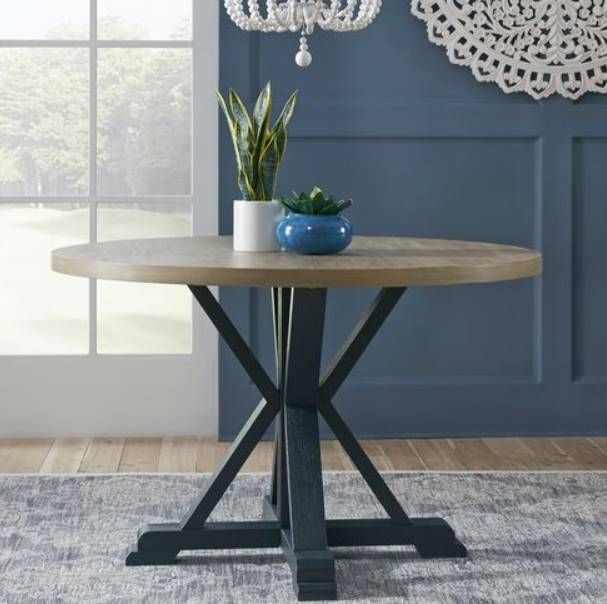 Liberty Furniture Lakeshore Gray Wash Single Pedestal Table with Navy Base-1
