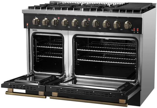 FORNO® Galiano 48" Stainless Steel Pro Style Gas Range with Black Door and Antique Brass Accents-3