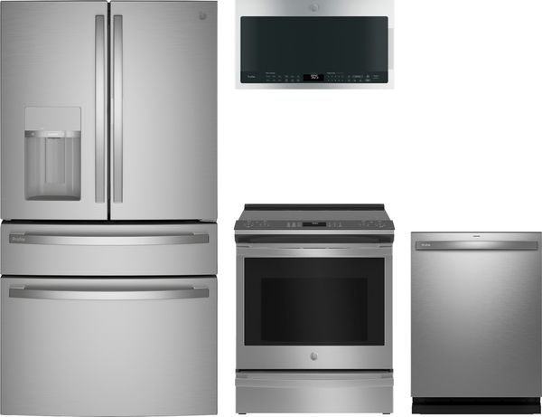 Front view of the GE Profile™ 4 Piece Stainless Steel Kitchen Package
