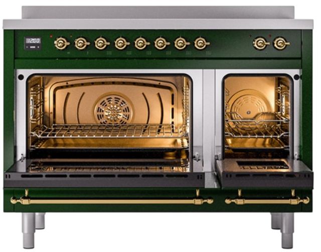 Ilve® Nostalgie II Noblesse 48'' Emerald Green Pro Style Induction Range with Brass Trim-1
