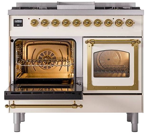 Ilve® Nostalgie II Noblesse 40'' Antique White Pro Style Dual Fuel Range with Brass Trim-3
