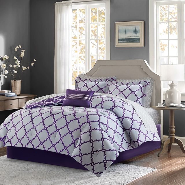 Olliix by Madison Park Essentials Merritt Purple/Grey Twin Reversible Complete Comforter and Cotton Sheet Set-1