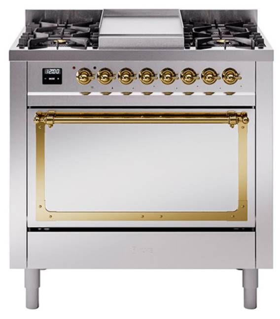 Ilve® Nostalgie II Noblesse 36'' Stainless Steel Pro Style Dual Fuel Range with Brass Trim-0