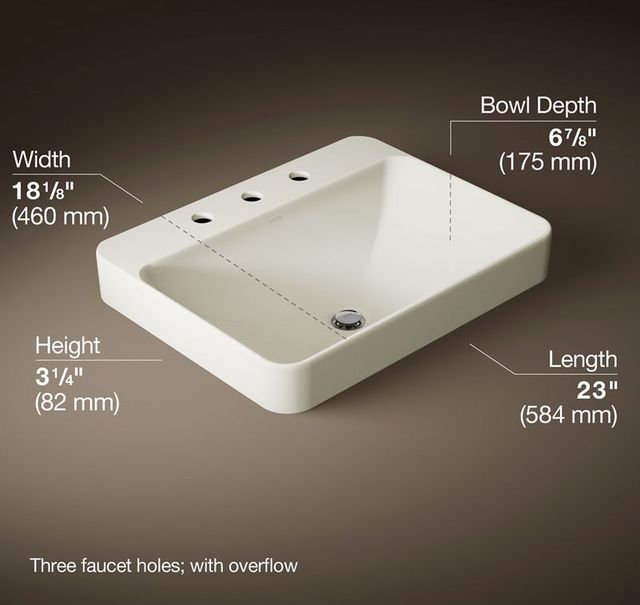 Kohler Vox® Biscuit 23" 3 Faucet Holes Rectangular Vessel Bathroom Sink-3