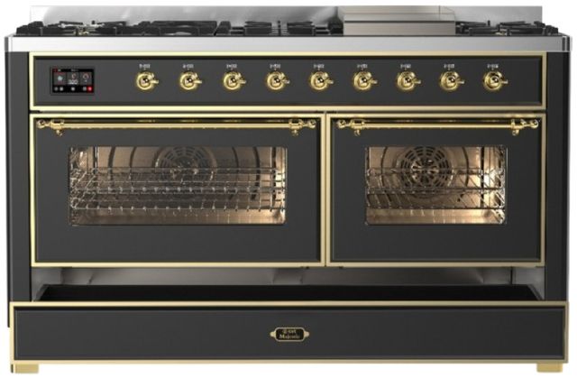 Ilve® Majestic III 60" Graphite Matte Pro Style Dual Fuel Liquid Propane Range with Triple Glass Door and Brass Trim-2
