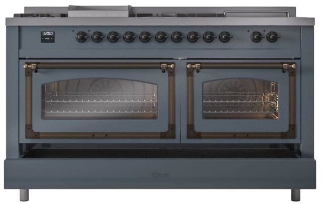 Ilve® Nostalgie II Noblesse 60'' Blue Gray Pro Style Dual Fuel Range with Burnished Trim-3
