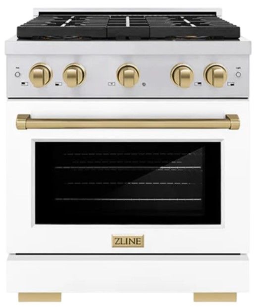 ZLINE Autograph Edition Paramount 30" 4.2 Cu. Ft. Stainless Steel Gas Range with 4 Burner DuoPro™ Cooktop, Convection Gas Oven, White Matte Door and Champagne Bronze Accents-0