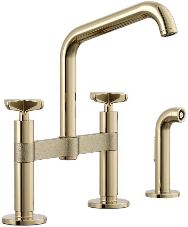 KOHLER® Billet® Vibrant French Gold 2-Hole Bridge Kitchen Sink Faucet with Side Sprayer-0