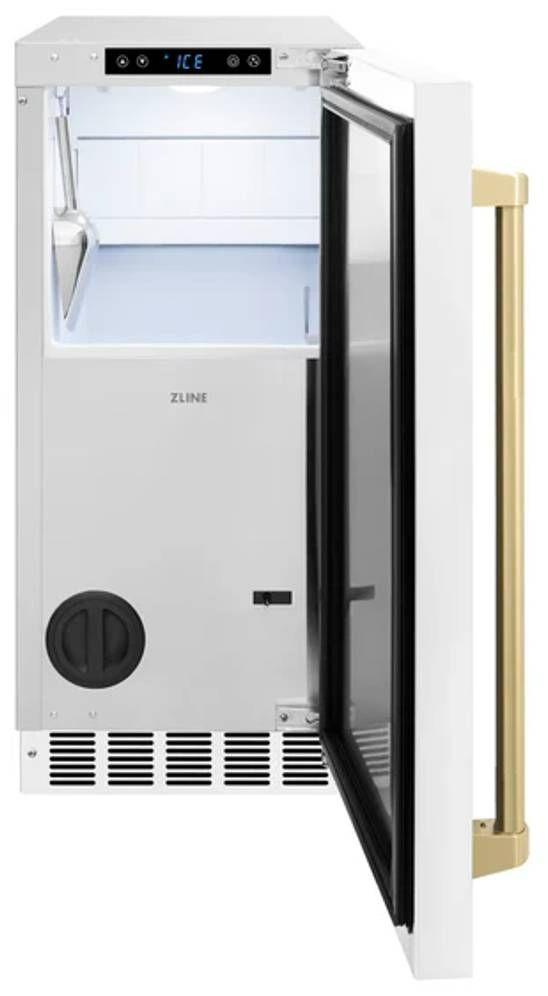 ZLINE Autograph Edition Touchstone 15" 66 lb. Stainless Steel Gourmet Ice Maker with Drain Pump and White Matte Door with Champagne Bronze Handle-2