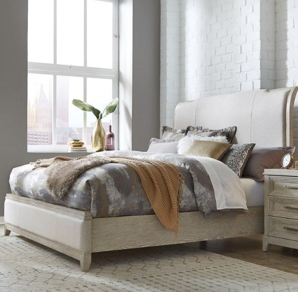Liberty Furniture Belmar Knubby/Silver Champagne/Washed Taupe King Upholstered Sleigh Bed-1