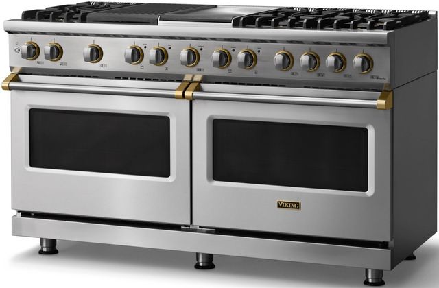 Viking® 5 Series 60" Stainless Steel Pro Style Dual Fuel (NG) Range with Brushed Brass Trim-2